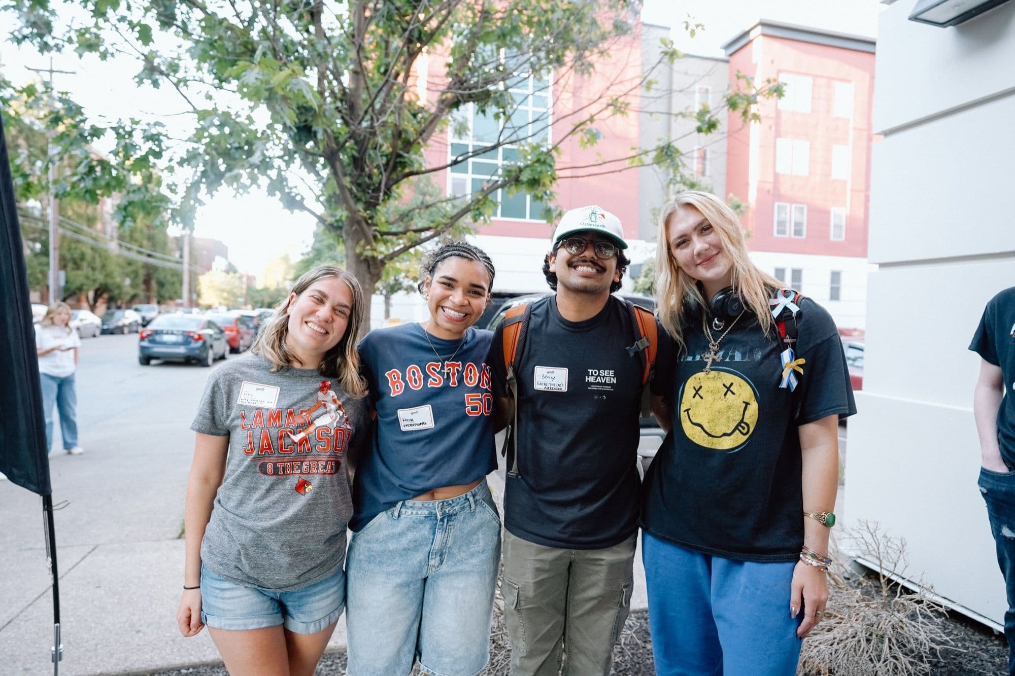 A group of students walking together on a city street